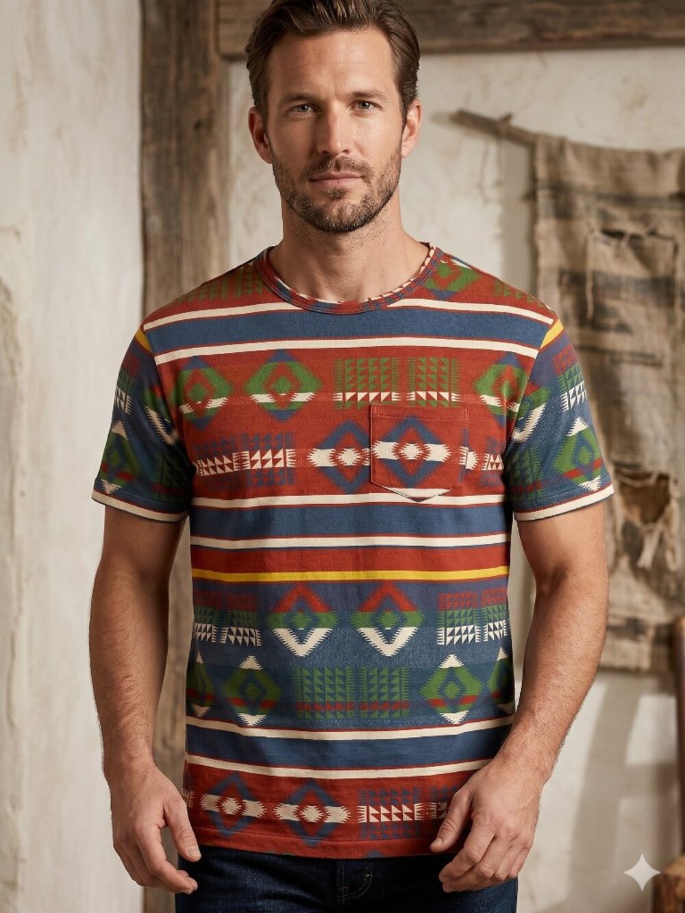 RRL Ralph Lauren Native Pattern Southwestern Tee Shirt Pocket